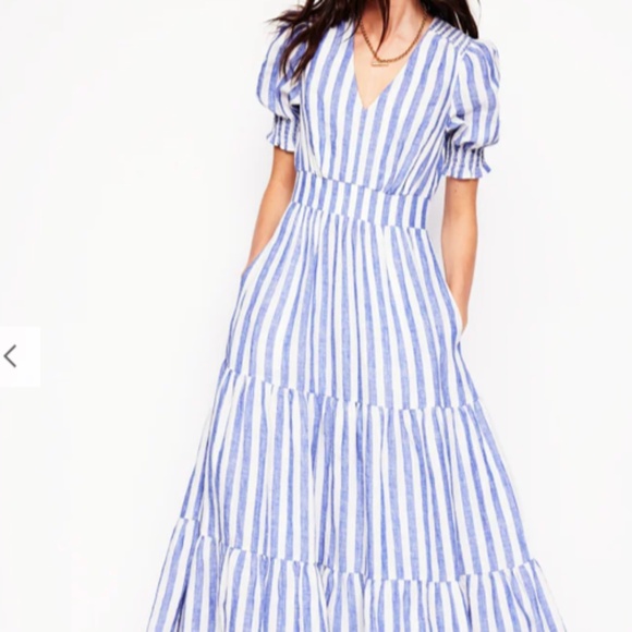 Boden Anna Linen Tiered Midi Dress, US 10, Blue & White Striped - Picture 1 of 14